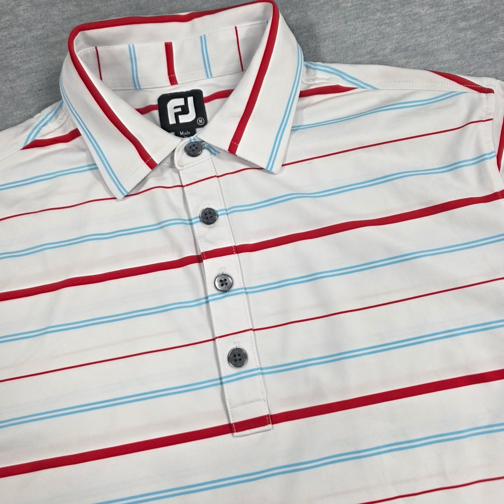 FootJoy ProDry Mens Medium White Red Blue Striped Onion Creek Club Golf Polo